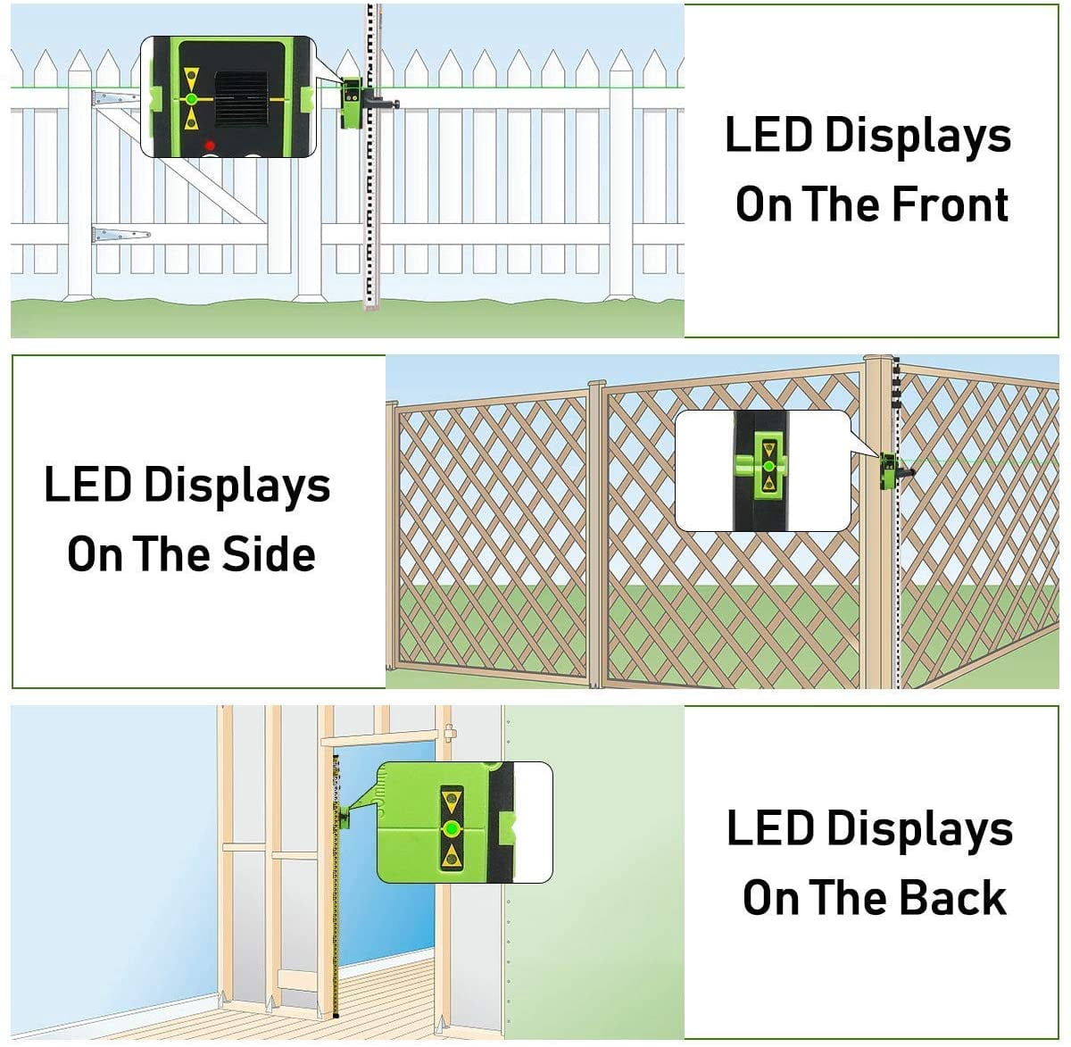 Laser Detector for Laser Level, Digital Laser Receiver Used with Pulsing Line Laser Levels Detect Red and Green Laser Beams with Three Sided LED Displays and Clamp