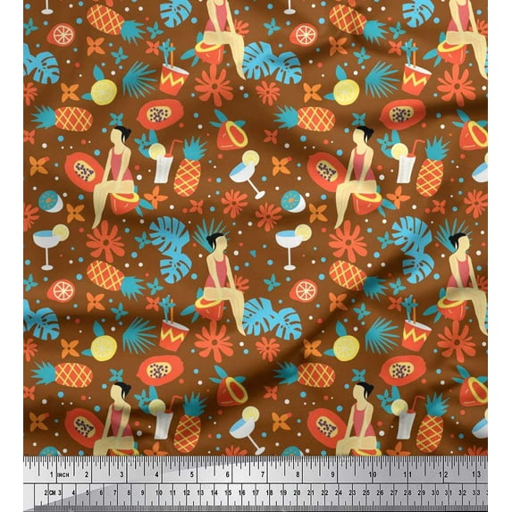 Soimoi Rayon Crepe Fabric Fruits,Women & Drinks Summer Designs Printed Fabric 1 Yard 46 Inch Wide