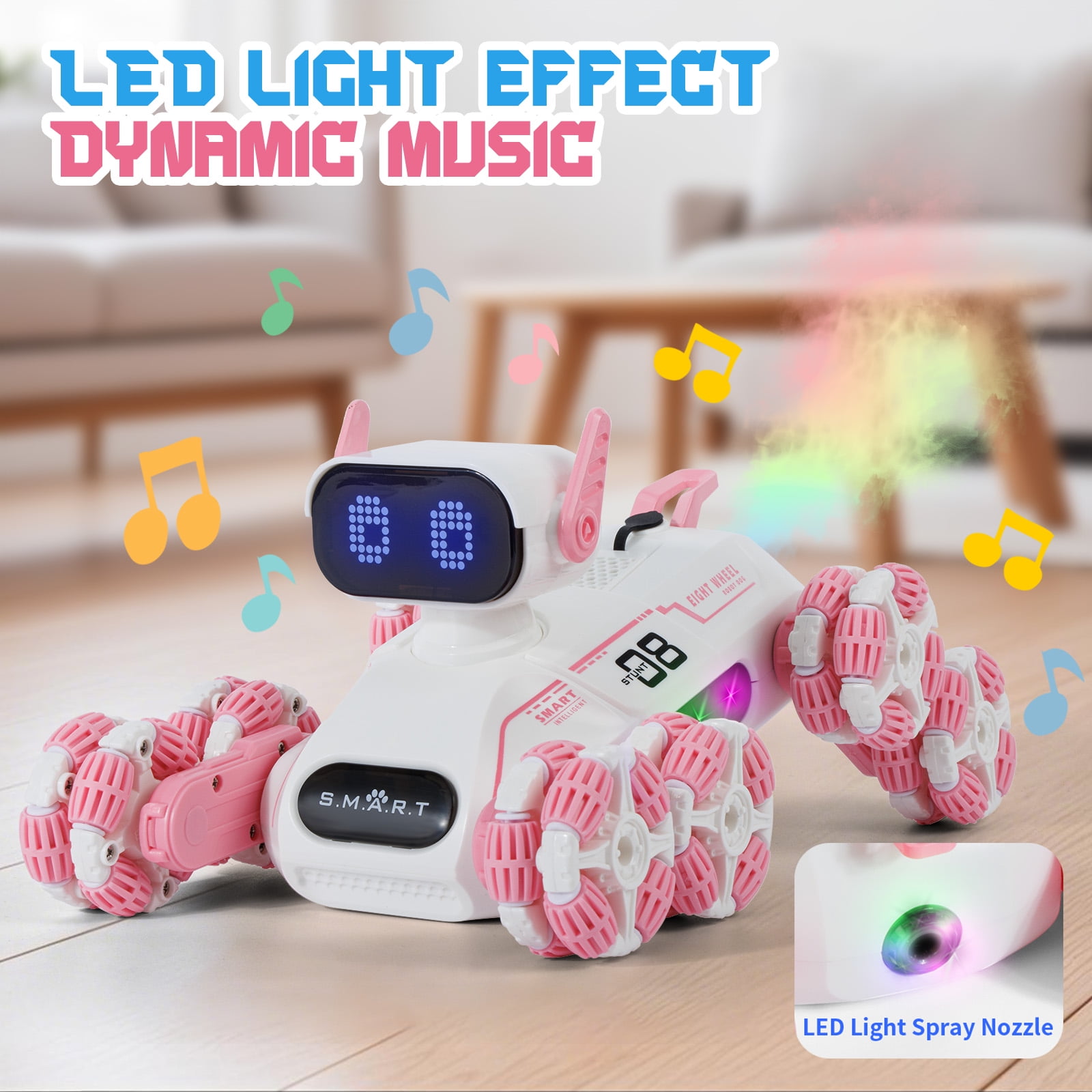 Dammyty Robot Dog Toys for Kids, Smart RC Stunt Robot Dog with Spray, Light & Music, Remote Control Robot Toys for Boys Girls, Pink