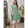 thumbnail image 4 of Mint Green Mid-Length Dress With Ruffle Cap Sleeves And V-Neck For Women, 4 of 7