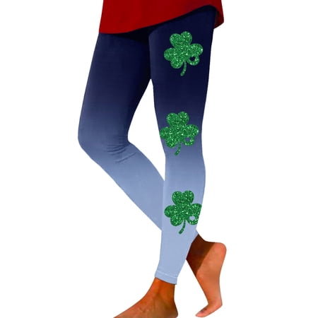 XIAONU Womens St. Patrick s Day Glitter Shamrock Print Leggings Stretch Casual Pants For Holiday And Daily Wear