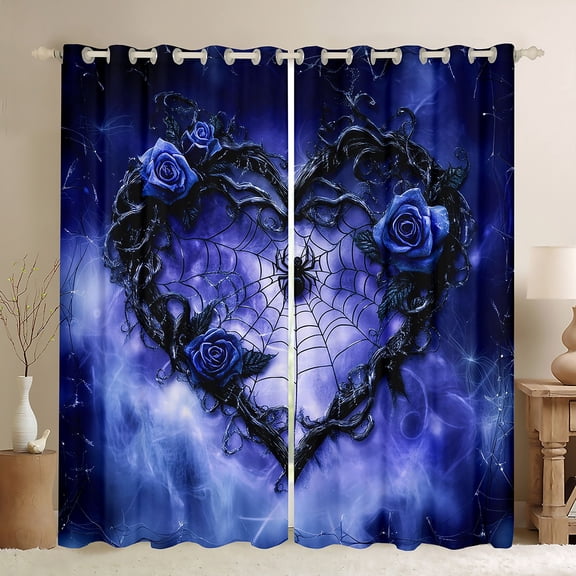 Feelyou 3D Spider Animal Black Out Curtains, Blue Romantic Rose Floral Curtains Pack of 2 (42x63 Each), Happy Valentine's Day Bedroom Curtains, Black Out Curtains Decor