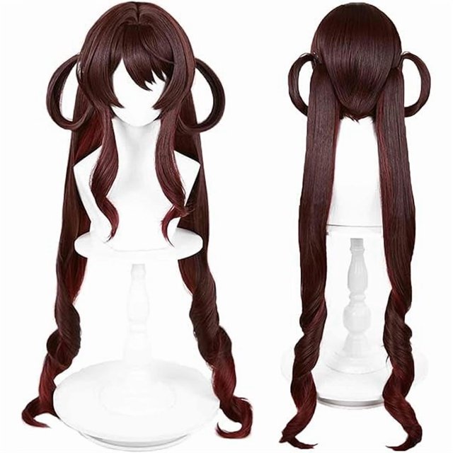wonima44 Aicos Long Brown Hu Tao Cosplay Wigs with Bangs Anime Brown Double Ponytails Wig for Halloween Party(Hutao)