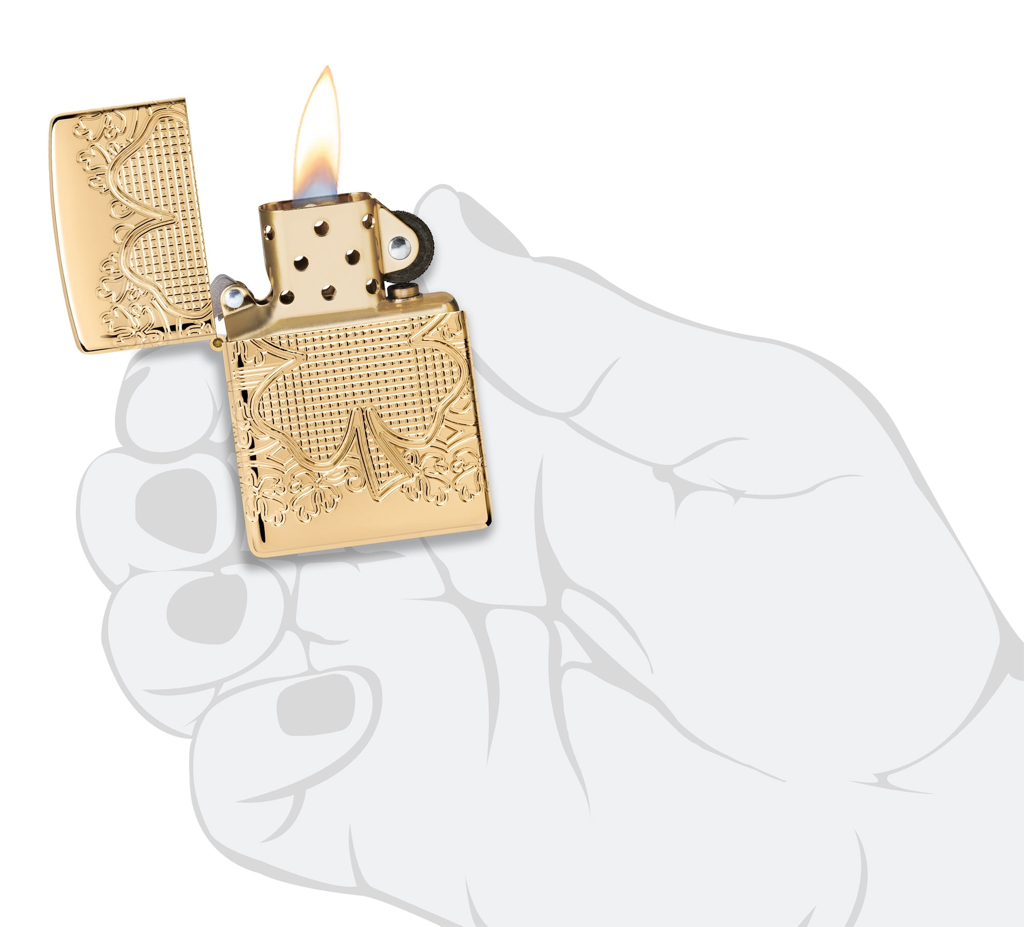 Zippo Lucky Clover Design Armor High Polish Gold Plate Pocket Lighter
