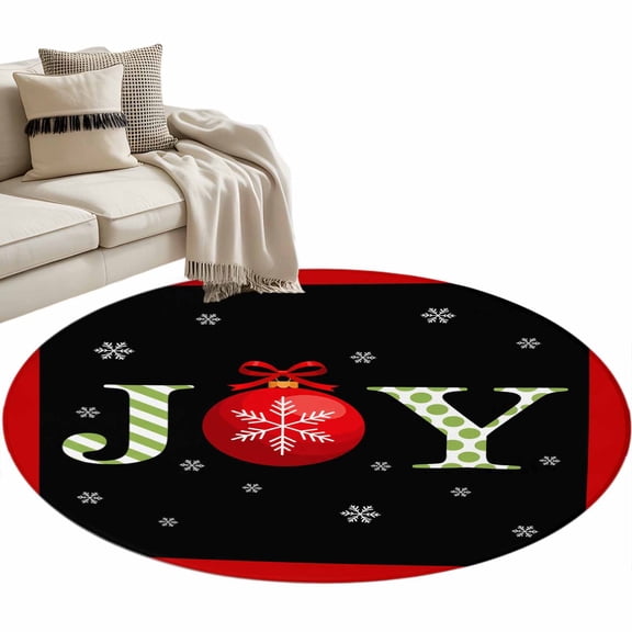 Christmas Joy Round Area Rug 4ft Black Red Xmas Ball Snowflakes Modern Non-Slip Washable Circle Rugs Soft Felt Indoor Floor Mat for Bedroom Kitchen Living Room Bathroom