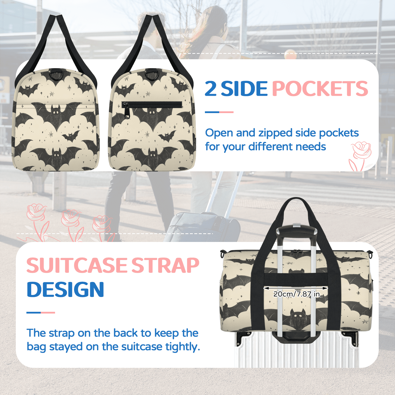 Herdesigns Bat Travel Duffle Bag Sports Yoga Weekender Overnight Carry on Workout Bags Lightweight Waterproof Gym Tote Bag for Women Black Bat