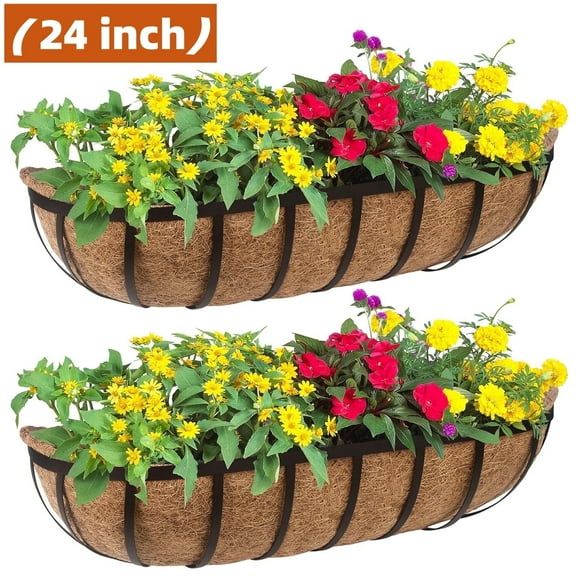 Gamexcel 24" Horse Troughs Deck Window Box Railing Planter with Coco Fiber Liner Metal Fence Balcony Patio Porch Over Rail, 2-Pack