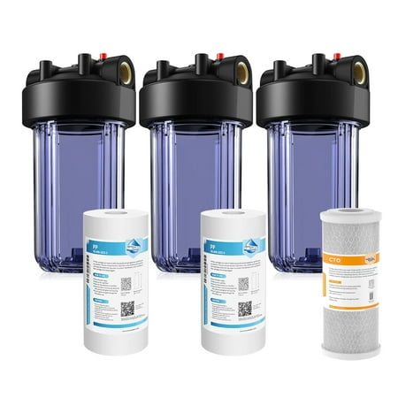 

SimPure DB10C Whole House Water Filter Housing(3 Pack) 10 x4.5 Sediment Carbon Cartridge Housing with 2Pack PP+1Pack CTO Filter(5μm)