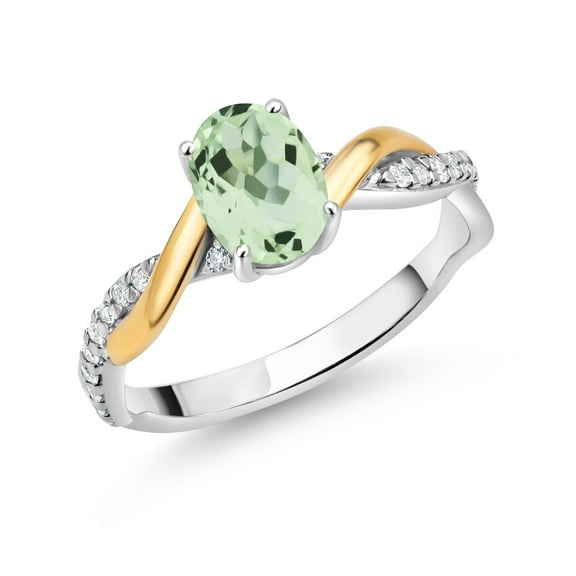 Gem Stone King 2 Tone 10K Yellow Gold and 925 Sterling Silver Green Prasiolite and White Lab Grown Diamond Twisted Interwoven Ring for Women (0.86 Cttw, Available in Size 5,6,7,8,9)