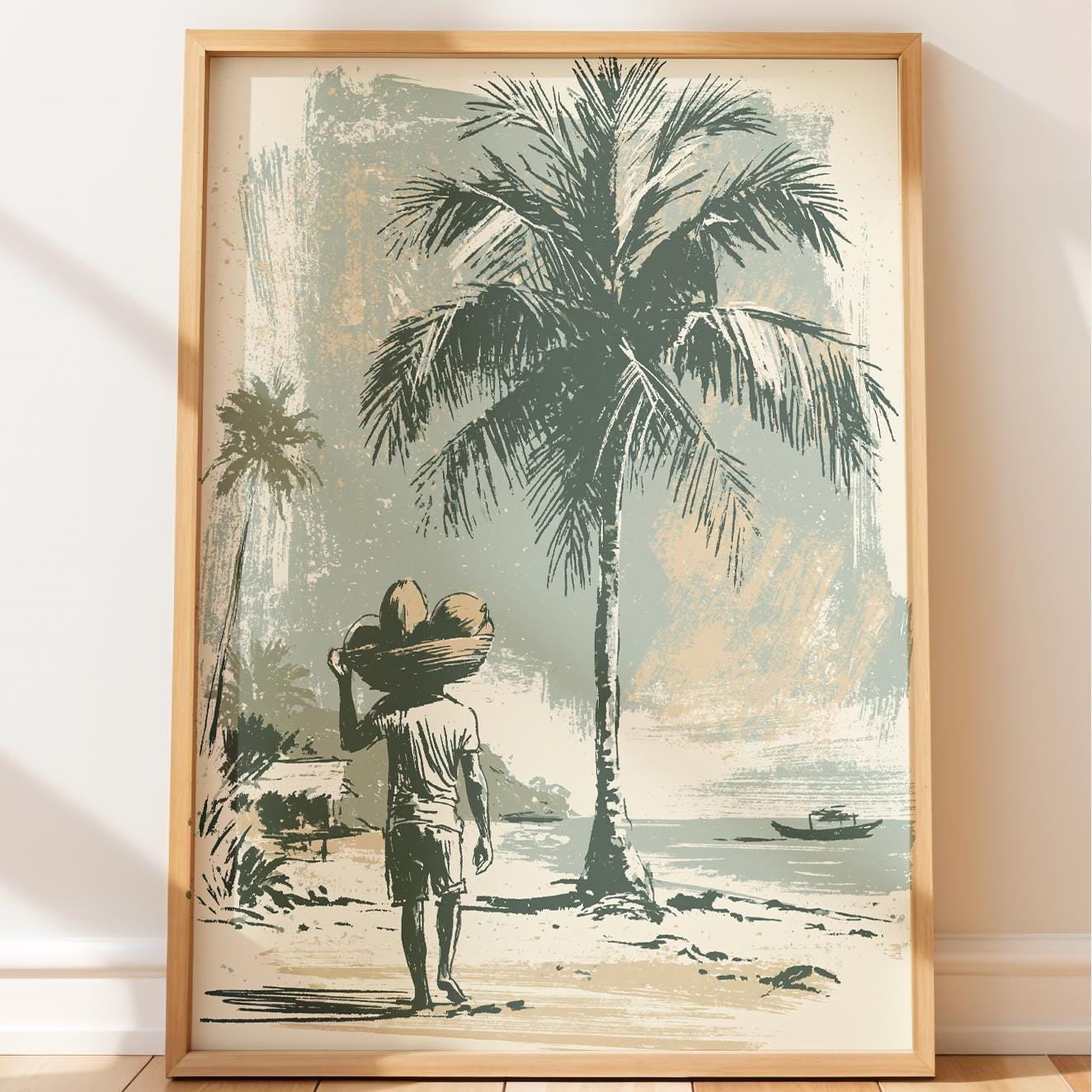 Vintage Travel Sri Lanka Art Coconut Farmer Linocut Coastal Decor Wall Art Poster , Poster Print Only
