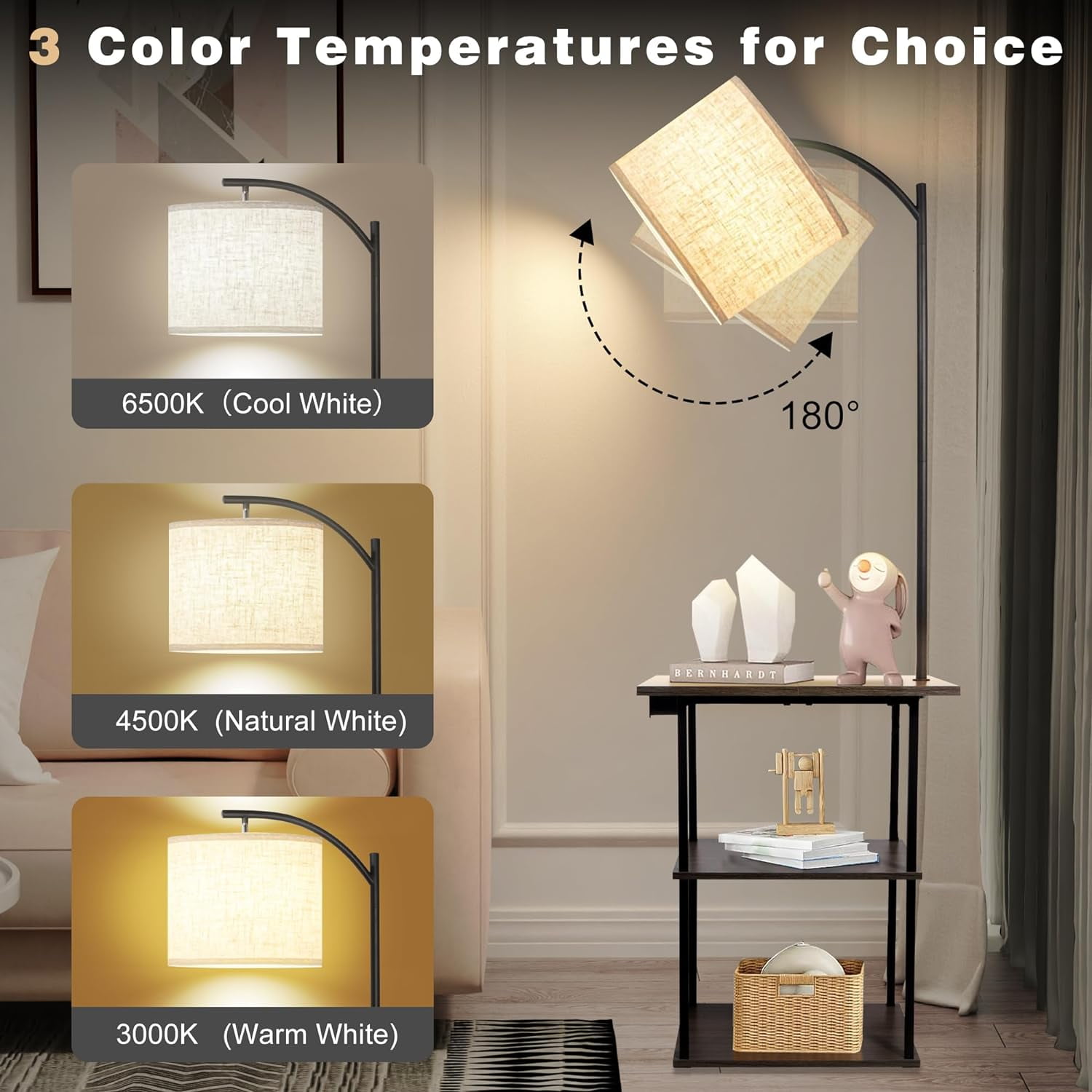 Floor Lamp with Table, End Table with Charging Station(USB & Type-C & AC Port), 3 Color Temperatures 9W LED Bulb, Modern Shelves Side Table for Bedroom, Living Room (Rustic Brown)