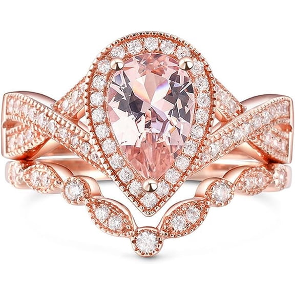 Dazzlingdaimonds Jewels 925 Sterling Silver 2.60 Ct Pear Cut Morganite & Diamond Wedding Engagement Thanksgiving Christmas Bridal Ring Set 14K Rose Gold Plated For Women's -9