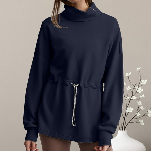 Femmes Tops Femmes Col Roulé Cordon Manches Longues Plissées Élastiques de Mode Tops Décontractés Sport Entraînement Porter Beige L
