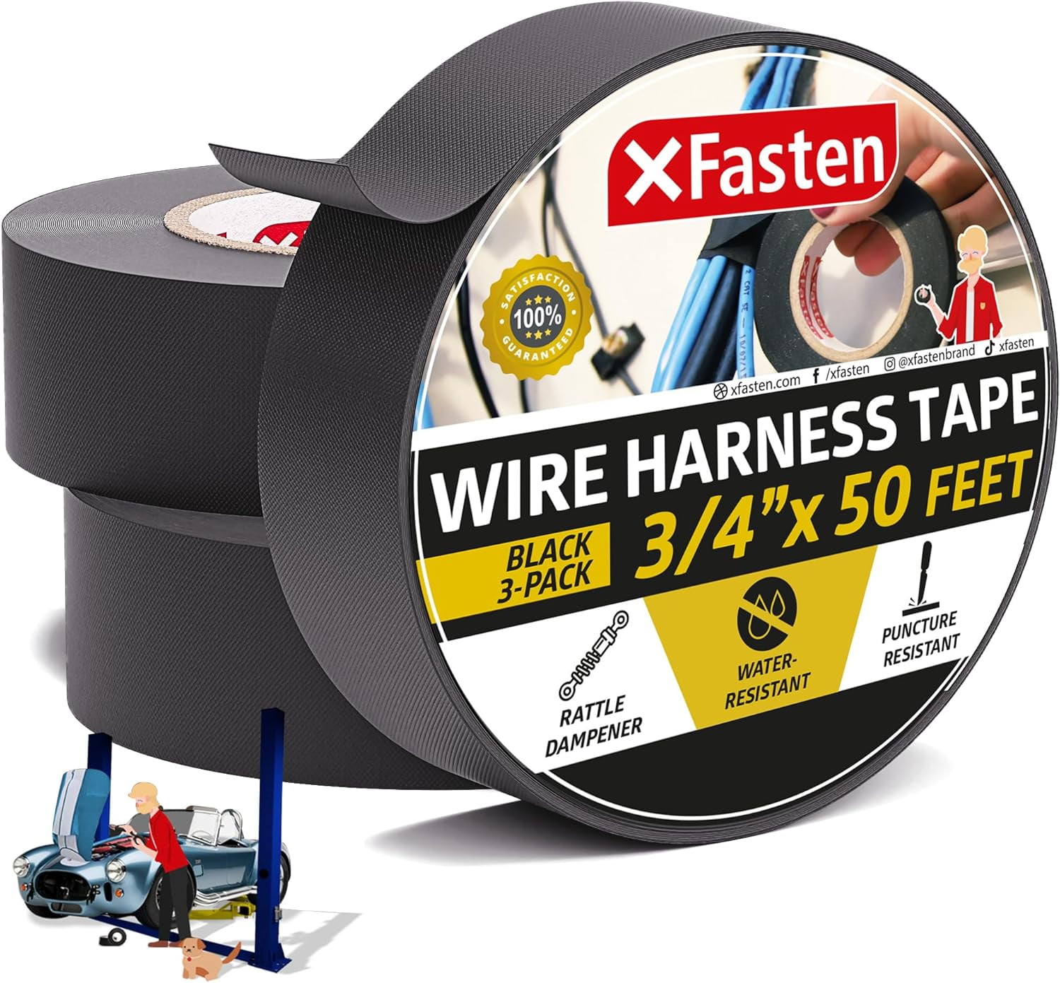 XFasten Wire Harness Tape Automotive Electrical 3/4 x 50 Feet Black Cloth High Temperature 3-Pack
