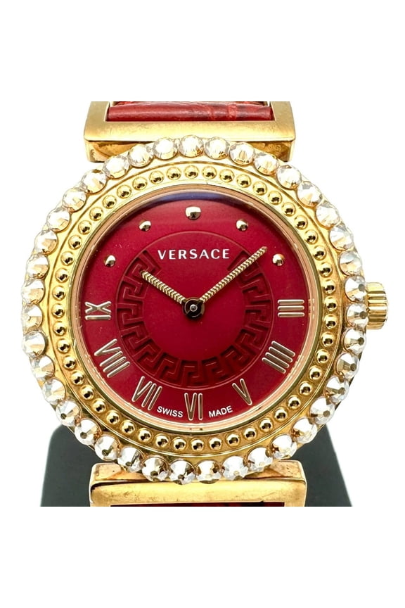 Pre-Owned VERSACE Vanity P5Q Quartz Watch, Stainless Steel, Gold and Red Leather, for... (Good)
