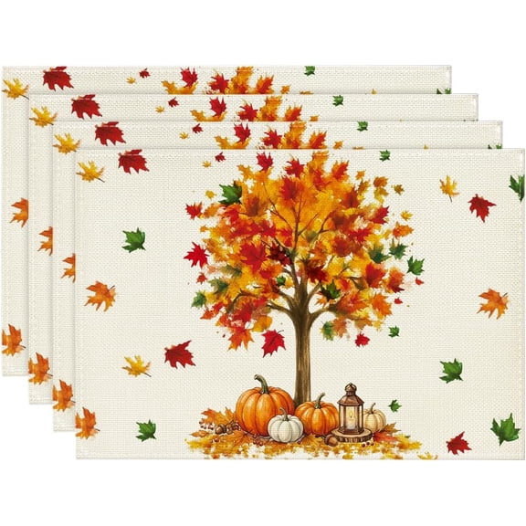 Fall Maple Tree Pumpkins Placemats Set of 6, 12x18 Inch Seasonal Autumn Thanksgiving Table Mats Kitchen Dining Party Decoration