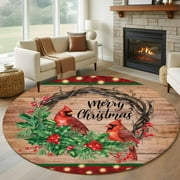Christmas Cardinal Round Rug 5ft Washable Circle Kitchen Rugs Non Slip Xmas Berry Farmhouse Wooden Grain Large Area Rug Indoor Floor Carpet for Bedroom Living Room Home Office Dining Room Nursery