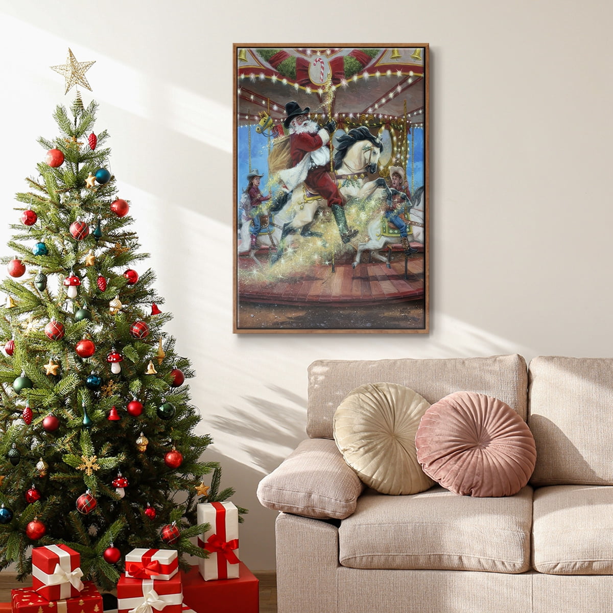 Merry Go Round - Framed Gallery Wrapped Holiday Canvas - 25 x 37 - Rosewood Frame
