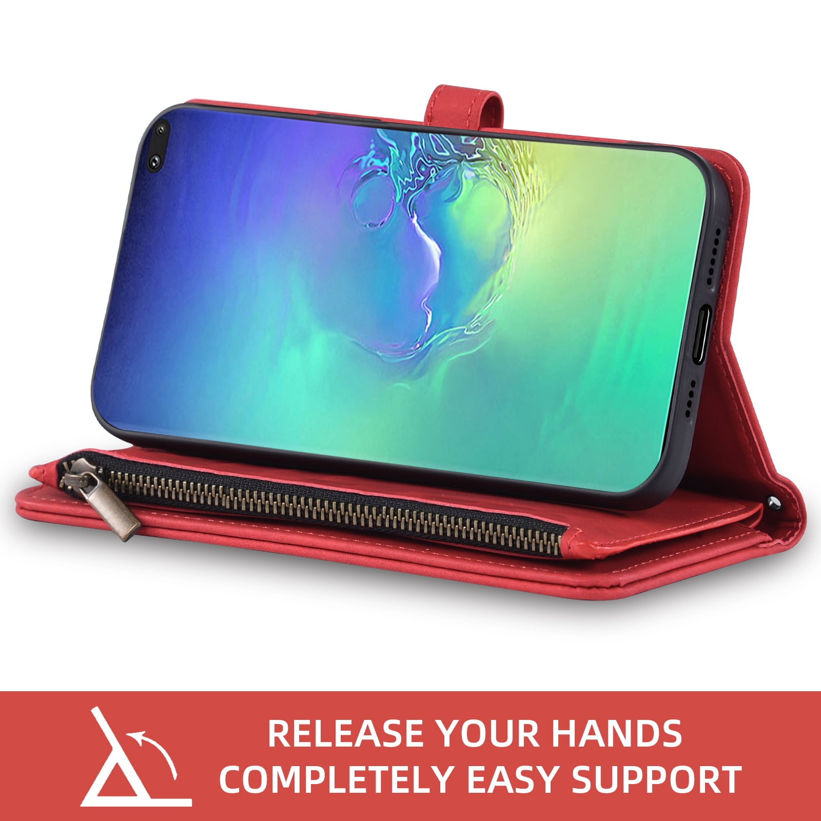 Asuwish Phone Case for Samsung Galaxy S10 Plus Wallet Cover With Tempered Glass Screen Protector Crossbody Wrist Strap Flip Pattern Zipper Card Holder Cell S10+ S10plus 10S Edge S 10 10plus Women Red