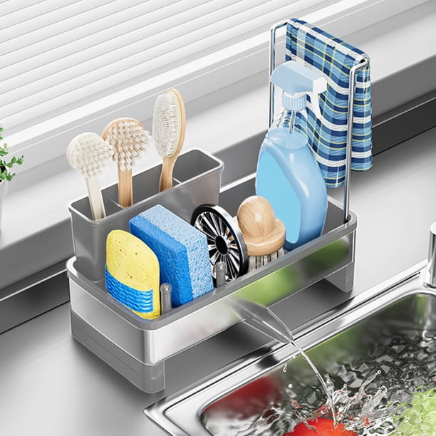 Fregadero de cocina Organizador de escurridor de esponja | Paño de cocina de encimera de acero inoxidable y jabonero para platos | Bastidor de almacenamiento modular con particiones | 1 pieza | 9,8