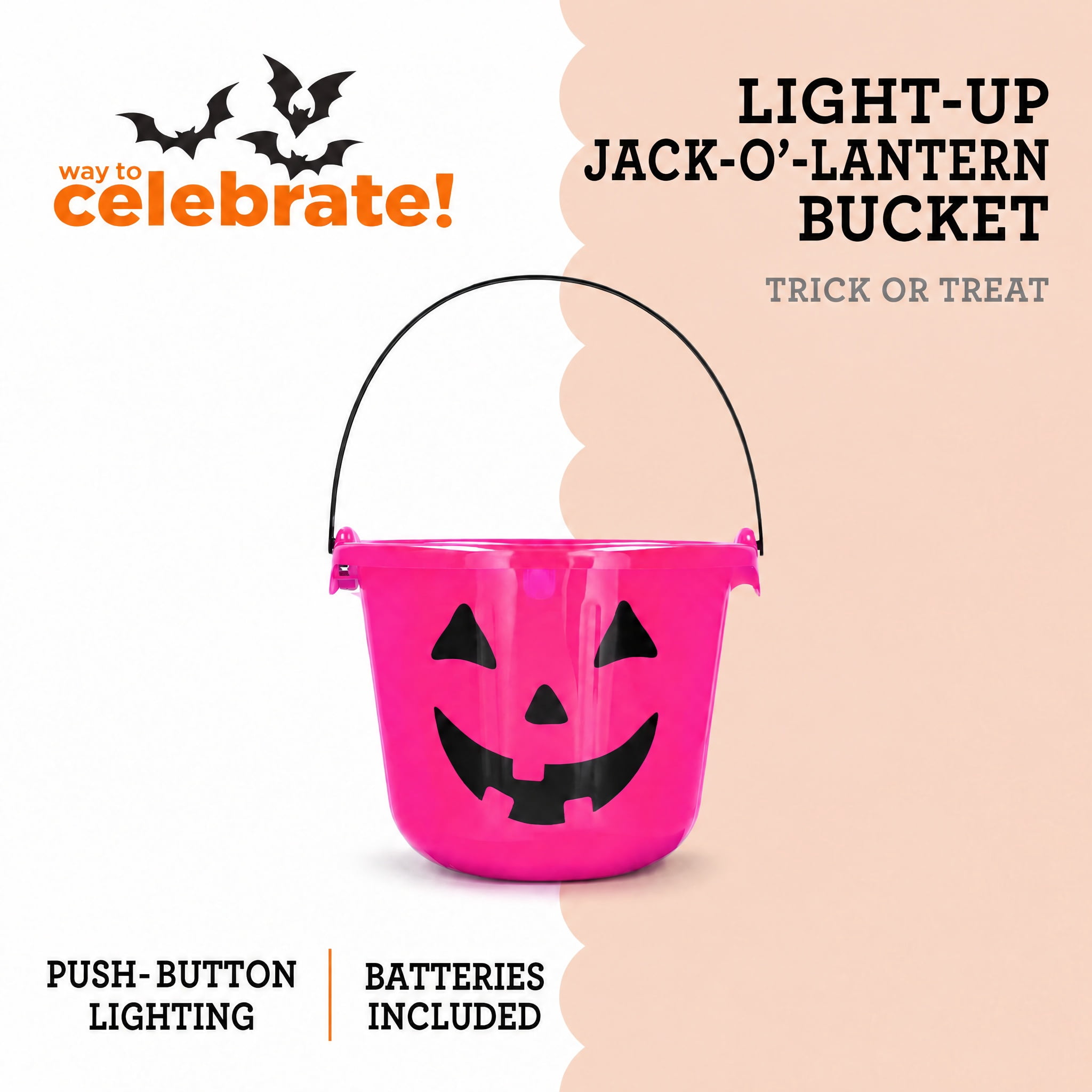 Light-Up Jack-o'-Lantern Trick-or-Treat Bucket, Pink, 6.5", Halloween by Way To Celebrate