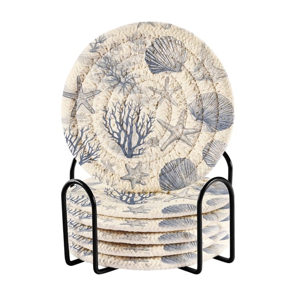 Haosy Set of 6 Drink Woven Coaster with Holder Heat Resistant Non-Slip Bar Coasters 4 Inches Seashells Starfish Seaweed
