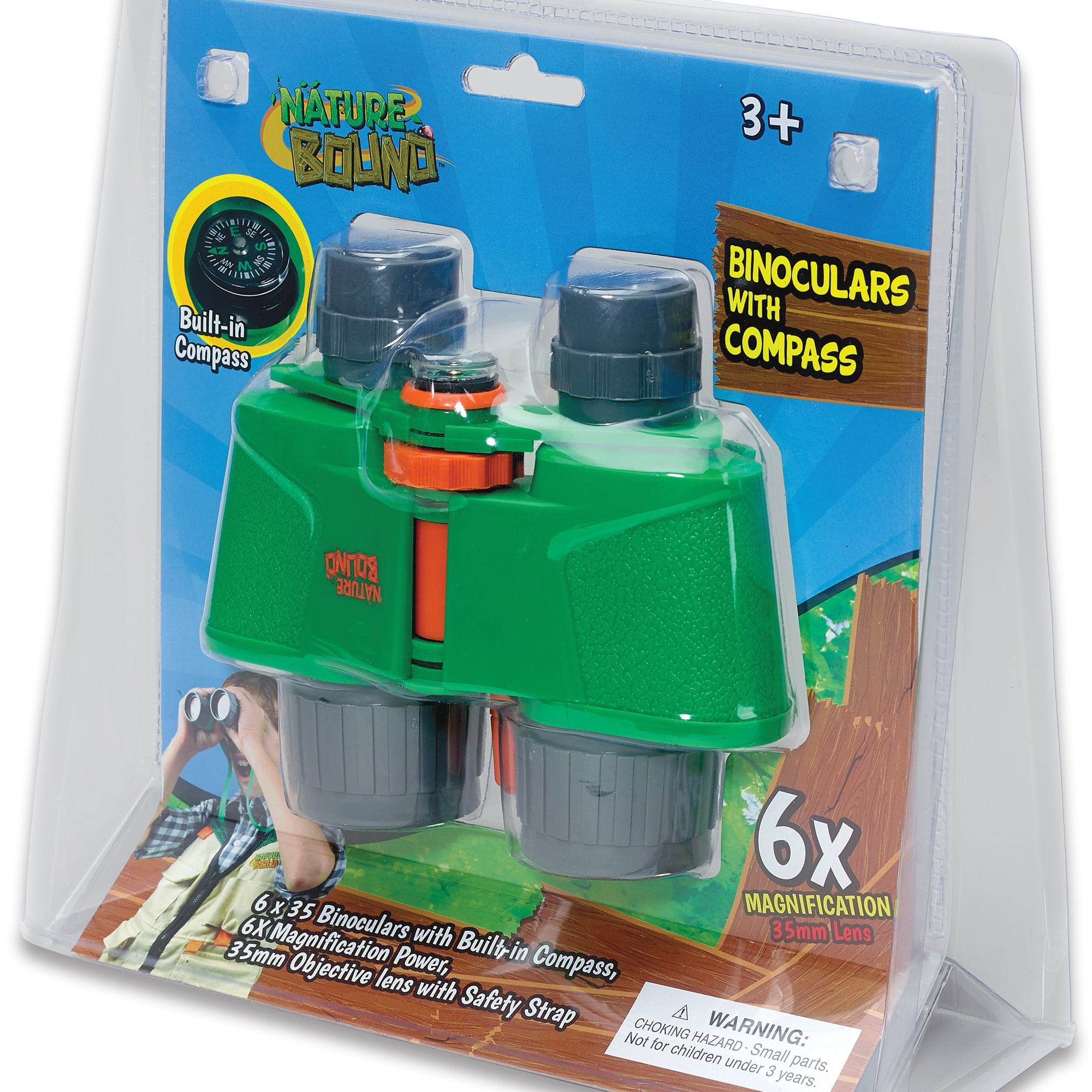 Nature Bound: Binoculars With Built-In Compass - Green - Outdoor Exploration Tool, 6x35 Resolution, 6x Magnification Power, Safety Strap, Toy Kids 3+