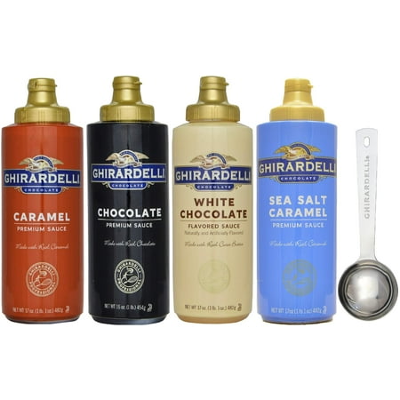 Ghirardelli Classic White Chocolate - Ghirardelli - Caramel, Chocolate, White Chocolate and Sea Salt Caramel Flavored Sauce (Set of 4) - with Limited Edition Measuring Spoon