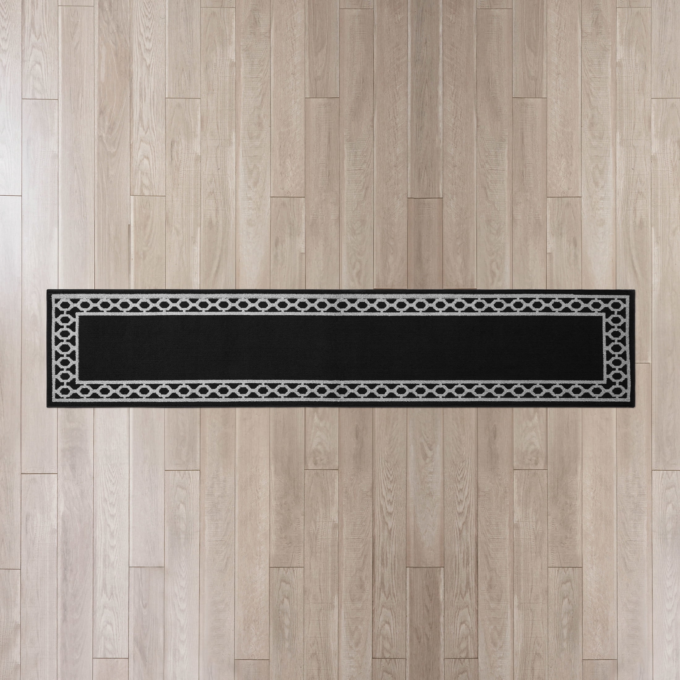 Washable Skid-Resistant Runner Rug, Trellis Border , Black and Twisted Grey , 30" x 144"