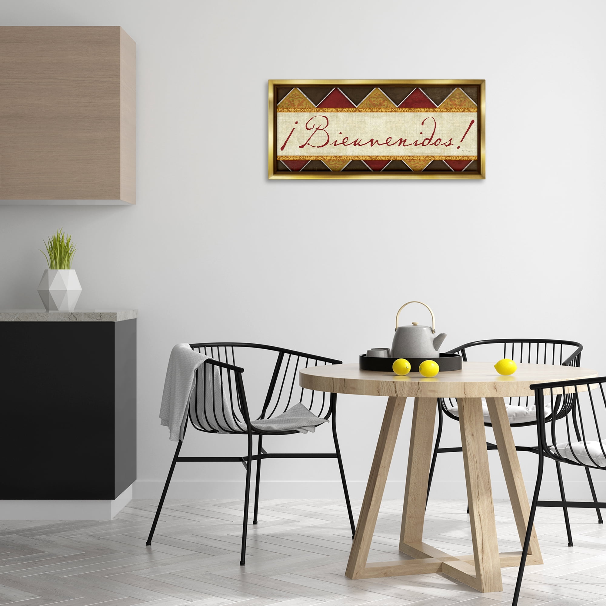 Stupell Industries Bienvenidos Patrón Tradicional Signs and Rules Painting Gold Floater Framed Art Print Wall Art, 31 x 14