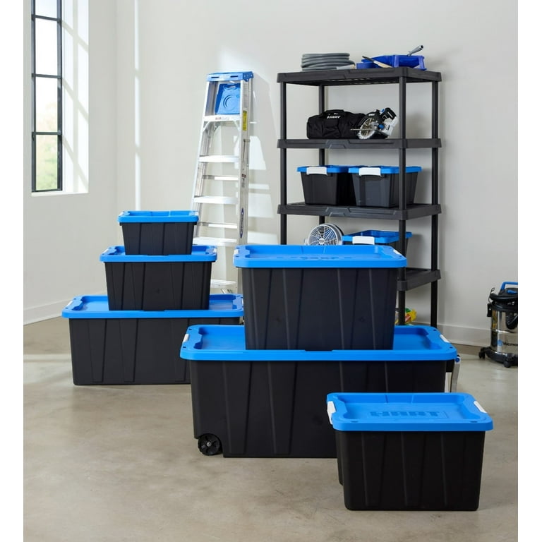 Hart 5 Gallon Latching Plastic Storage Bin Container, Black with Blue Lid