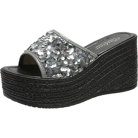 

Women s Glitter Platform Slip on Wedge Heels Sandals Summer Sequin Pu Peep Toe Slippers Comfortable Thick Sole Sandal