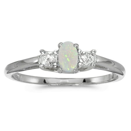 Oval White Topaz Ring - 10k White Gold Oval Opal And Diamond Ring