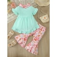 thumbnail image 3 of Biezeib Kids Girl Summer Outfit Solid Color Ruffles Short Sleeve Dress Tops Boots Hat Print Flare Pants Neckerchief 3Pcs Clothes Set, 3 of 6