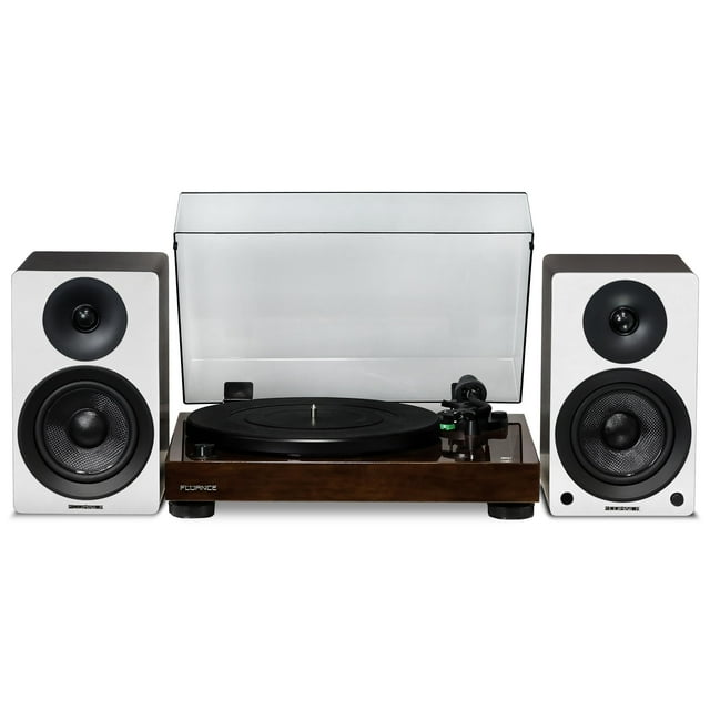 Fluance RT81 Elite High Fidelity Vinyl Turntable (Walnut) with Ai41 Powered 5" Stereo Bookshelf Speakers (White Walnut), Diamond Stylus, Belt Drive, Built-in Preamp, 90W Class D Amplifier, Bluetooth