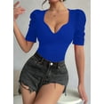 thumbnail image 4 of Women'S Puff Long Sleeve Knit Pullover Sweaters Casual V Neck Ribbed Solid Soft Slim Fit Sweater Blouse Tops Blue L, 4 of 9
