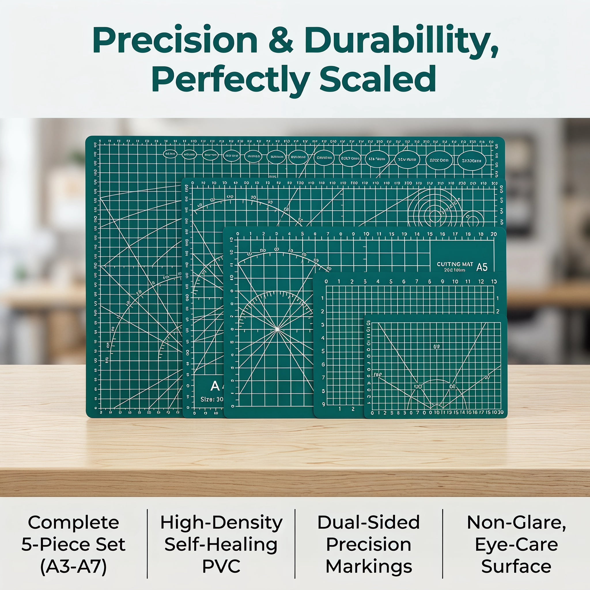 5 PCS Green Cutting Mat Set (A3/A4/A5/A6/A7), Self-Healing Rotary Cutting Mats with Grid & Angle Guide,Craft Mat for Scrapbooking, Quilting, Sewing & Art Projects