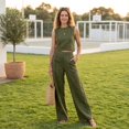 thumbnail image 6 of Szluipve 2 Piece Sets for Women Contrast Stitch 2 Piece Outfits Sleeveless Round Neck Crop Tank Top & High Waist Wide Leg Long Pants Elegant Casual Matching Set with Pockets Army Green XL, 6 of 9