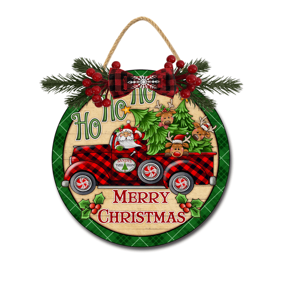 Front Door Porch Decorations Christmas Hohoho Door Hanging Sign 11 inch Wooden Wall Sign, Rustic Holiday Wreath Decor for Front Door Porch Home Window Wall Farmhouse Decorations