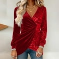 thumbnail image 2 of Lenpel Women's Sequin Velvet Tops Long Sleeve Wrap V Neck Asymmetrical Hem Ruched Slim Dressy Casual Blouses Velour Tunic Shirts(Red,X-Large), 2 of 6