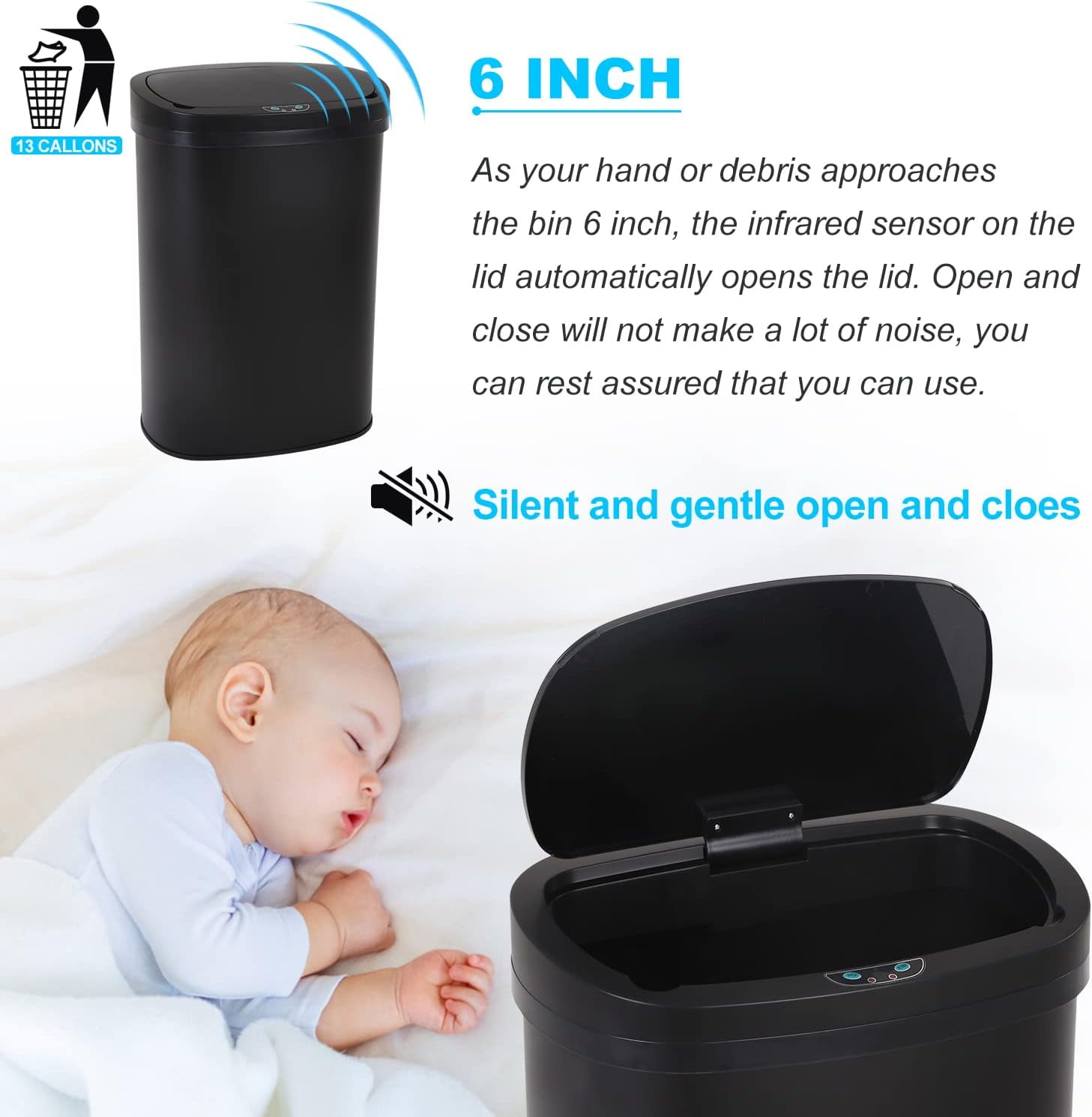 BIQWBIC 13 Gallon Automatic Trash Can, Touchless Stainless Steel Kitchen Garbage Can, Black