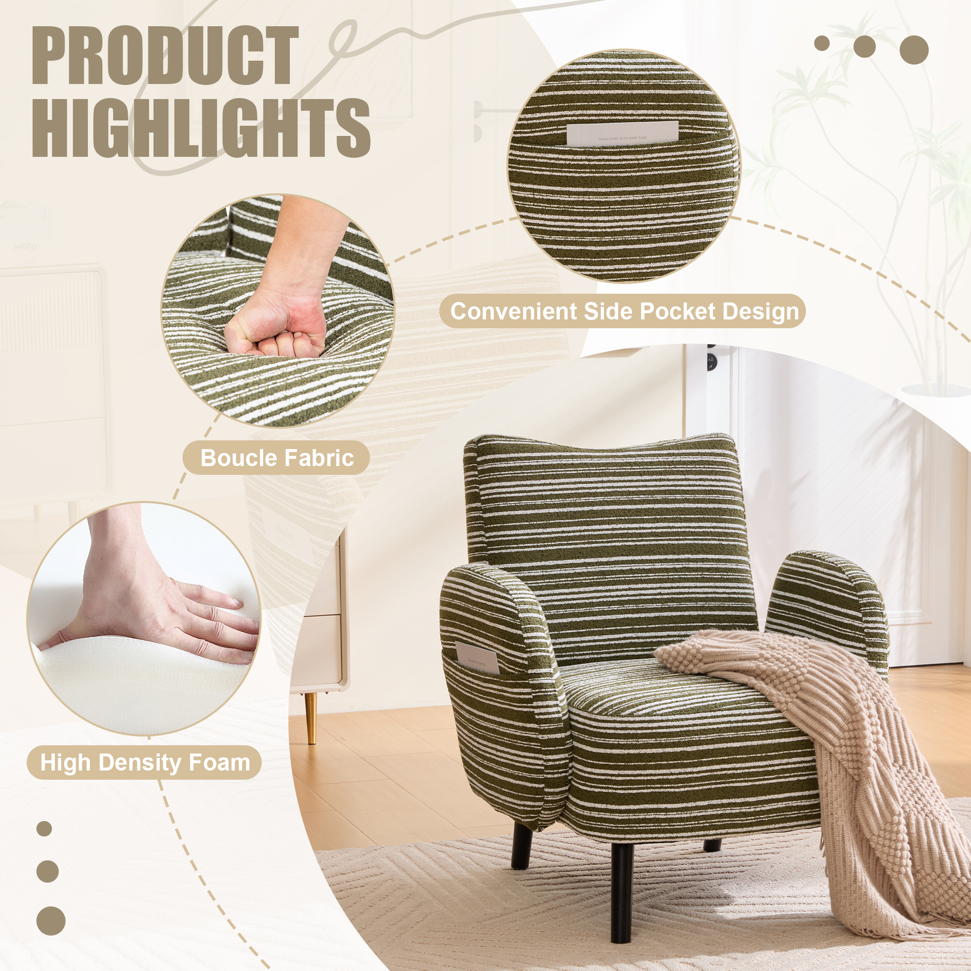 Leumius Accent Chair with Side Storage Pocket and Solid Wood Legs, Comfortable Reading Chair with Sanded Fabric for Living Room Bedroom Office Olive Green