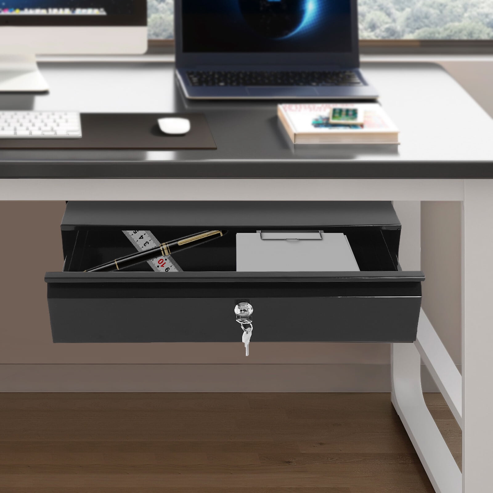17.7*12.2*3.9 Modern Rectangular Black Under Desk Mounted Sliding Pull-out Drawer for Standing Desks