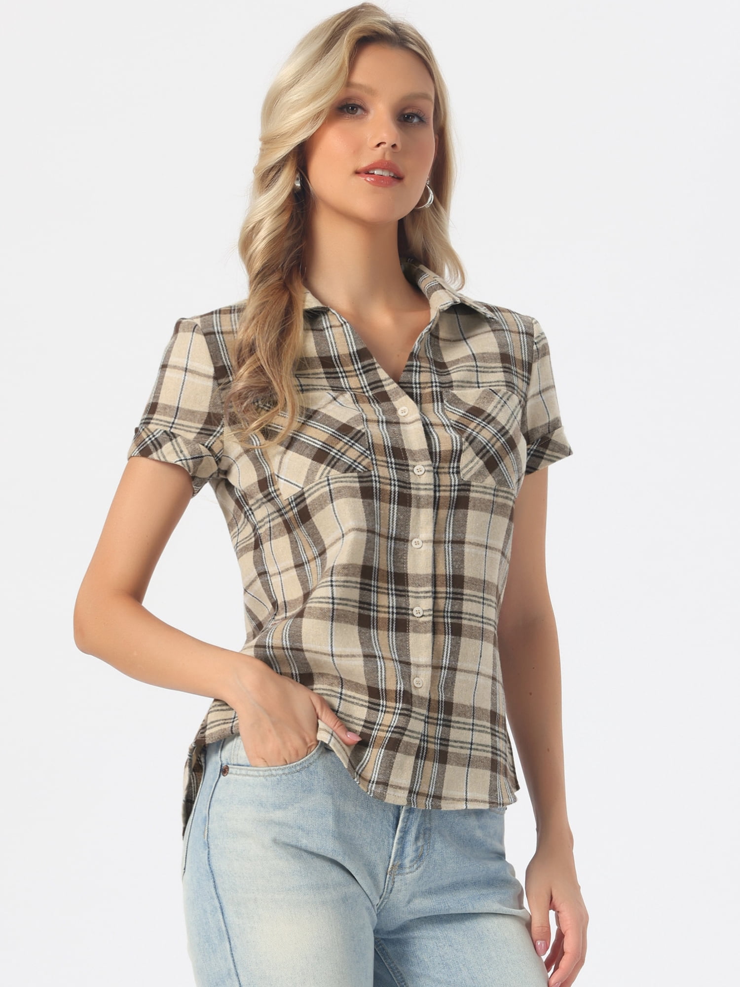 DARING DIVA Women's Plaid Shirts Cotton Short Sleeve Button Down Shirt L Khaki Brown