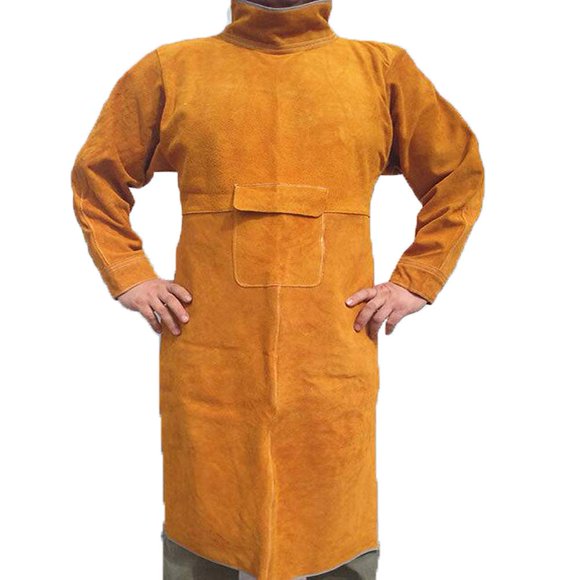 Jewboer Leather Welding Apron with Sleeve,Heavy Duty Welding Jacket,Heat Flame Resistant Weld Coat for Men Women,L