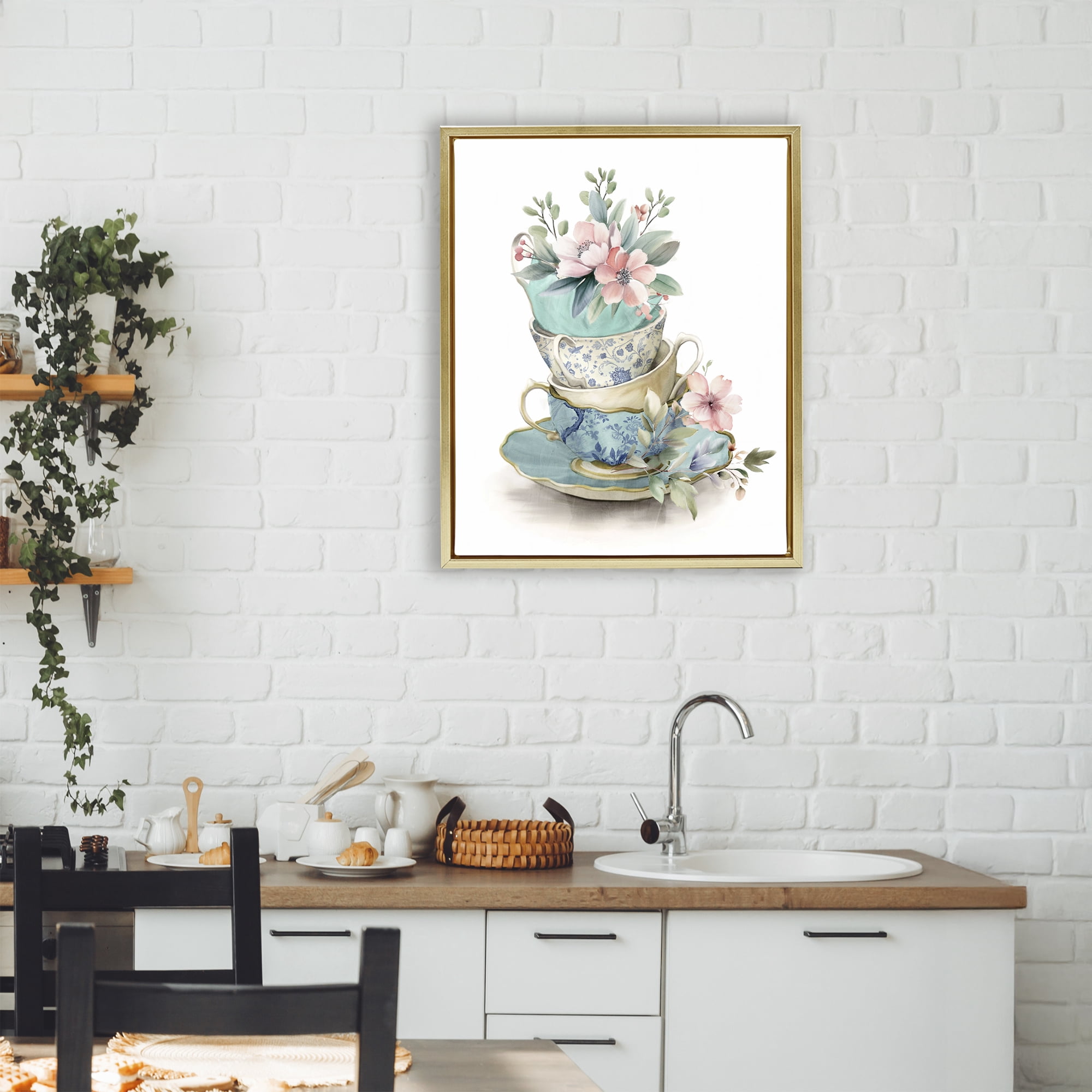 Stupell Industries Tea Cup Chinoiserie Blossoms Gold Framed Floater Canvas Wall Art, design by Kim Allen