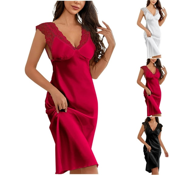 Aboser Backless Satin Nightgowns for Women Lace V Neck Sleepdress Elegant Sleeveless Chemise Nightshirts Casual Midi Length Sleepwear