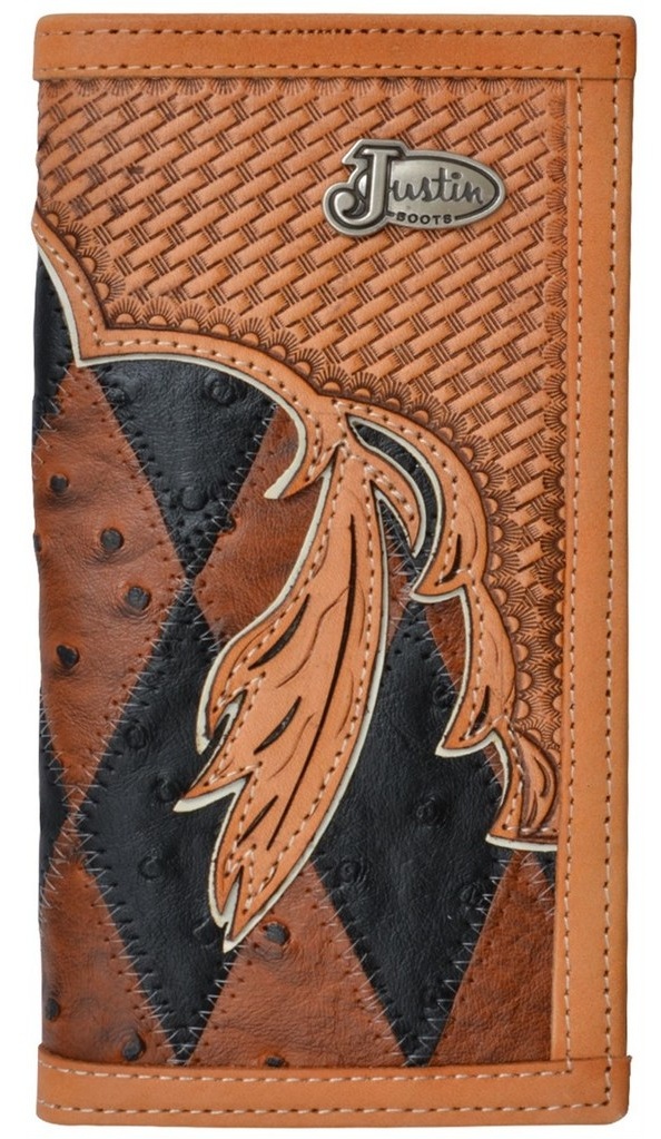 Justin Western Wallet Mens Rodeo Checkbook Embossed Natural WJB175