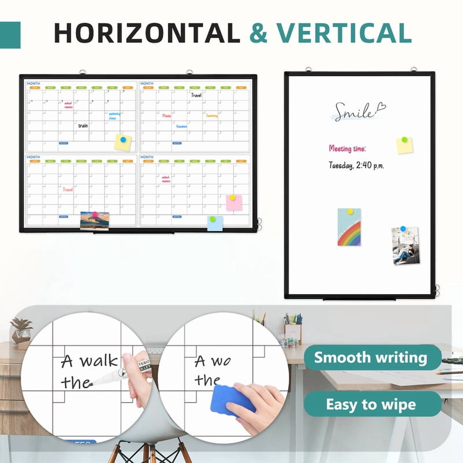 DOLLAR BOSS Dry Erase Board 36" x 24" Calendar Whiteboard 4 Month White Board Calendar for Wall 4 Monthly Magnetic Calendar Whiteboard Wall Mounted Office Supplies for Office Home, Black Frame