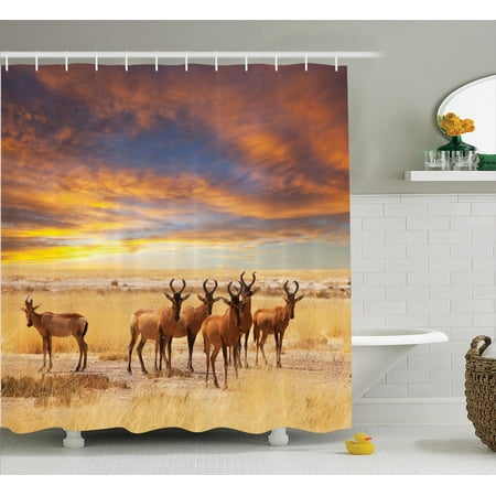 Savannah Bathroom Accessories Safari Decor Shower Curtain Set, Antelope Crowd On Grassland At Sunset Tropic Exotic Savannahs African Animals Photo, Bathroom Accessories, 69W X 70L Inches, By Ambesonne ()